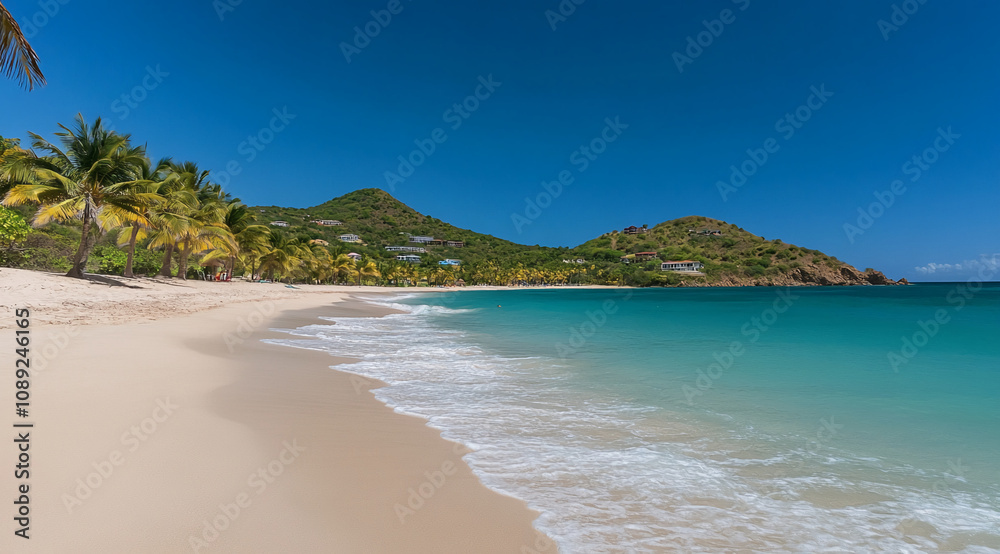 White sand beach meets turquoise ocean under a clear blue sky White sand beach meets turquoise ocean under a clear blue sky