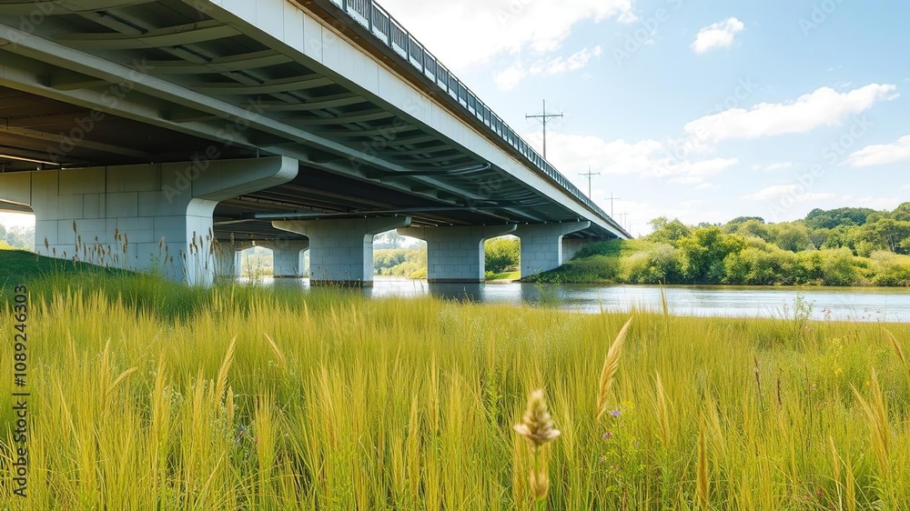 A tranquil meadow scene with tall yellow grass and a few colorful wildflowers, situated beneath the imposing span of a large concrete bridge that stretches across a gentle river, river, meadow A tranquil meadow scene with tall yellow grass and a few colorful wildflowers, situated beneath the imposing span of a large concrete bridge that stretches across a gentle river, river, meadow