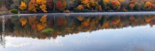 Autumnal beauty reflected in the still waters of Brige Pond, lake reflections, bristol connecticut