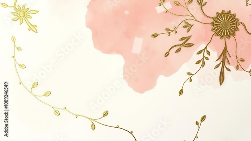 Detailed photo of a blush ivories watercolor artwork with intricate gold details, artistic details, canvas stretching, gold accents photo