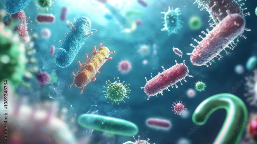 Colorful 3D rendering of bacteria and viruses on deep blue background with futuristic and technological vibe Colorful 3D rendering of bacteria and viruses on deep blue background with futuristic and technological vibe