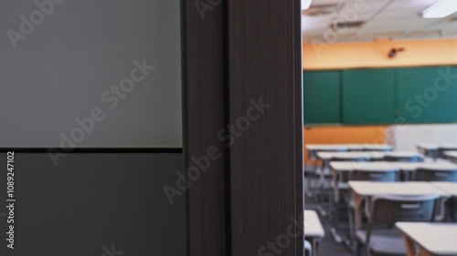 Modern classroom with desks and chairs