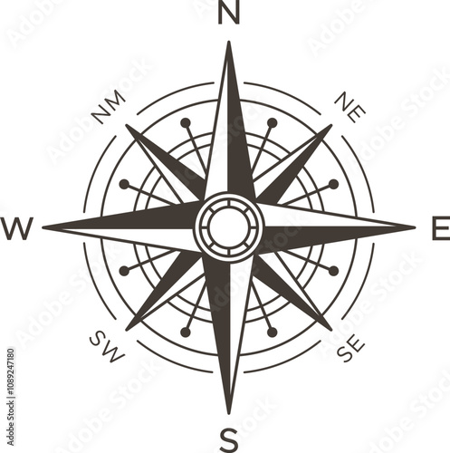 Vintage compass rose pointing north showing all cardinal directions and degree marks, isolated on white background, ideal for travel and adventure concepts