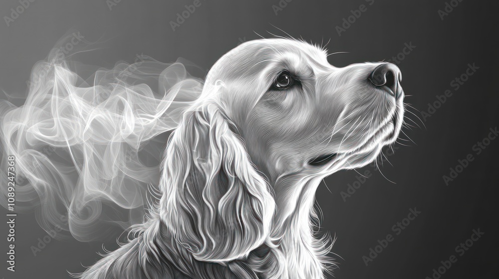 A stylized black and white illustration of a dog with smoke-like wisps. A stylized black and white illustration of a dog with smoke-like wisps.