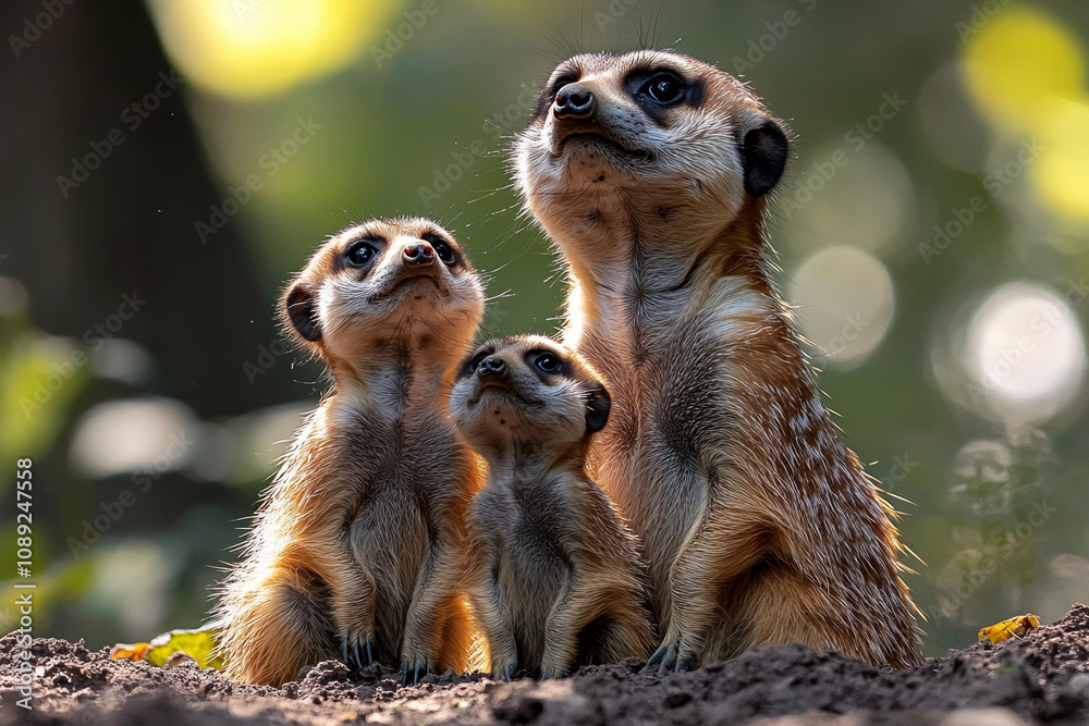 Fototapeta premium A stunning close-up of a meerkat showcasing its curious gaze and intricate fur details. Perfect for wall art, prints, or unique merchandise that celebrates nature’s charm.