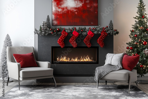 A contemporary living room with a wall-mounted electric fireplace framed by a sleek black mantel