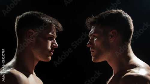 two men facing each other in an intense stare down