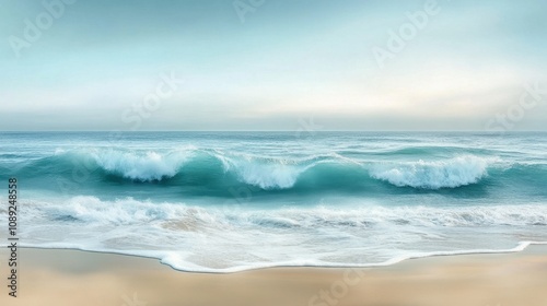 Turquoise waves gently meeting golden sand, forming soft foam patterns at the shoreline. Minimalist composition emphasizing the serene beauty of nature, captured under bright sunlight