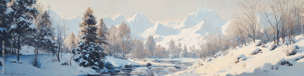 Obraz premium Snowy Mountain Landscape with River in Winter Scene 
