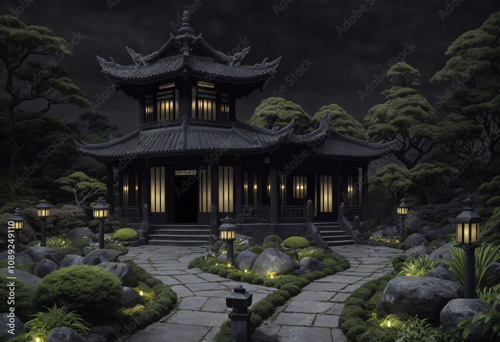Fototapeta premium Ancient Grotto in a Chinese Garden at Night