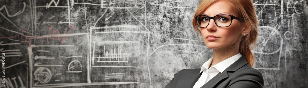 Woman in glasses delivers engaging presentation at chalkboard in educational setting, a focus on learning and development