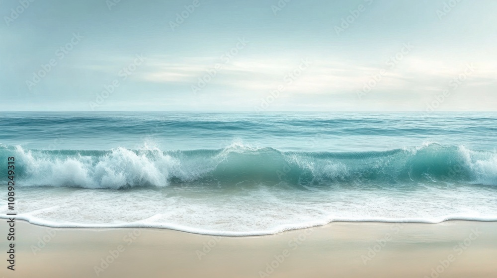 Fototapeta premium Turquoise waves gently meeting golden sand, forming soft foam patterns at the shoreline. Minimalist composition emphasizing the serene beauty of nature, captured under bright sunlight