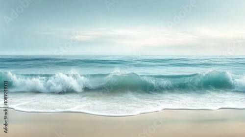 Turquoise waves gently meeting golden sand, forming soft foam patterns at the shoreline. Minimalist composition emphasizing the serene beauty of nature, captured under bright sunlight