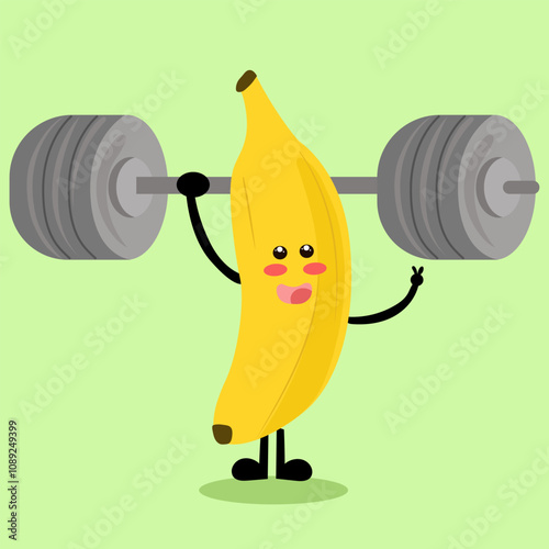 banana and dumbbells, Sporty apple character making exercise in gym composition flat graphic design element