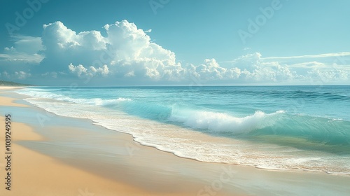 Turquoise waves gently meeting golden sand, forming soft foam patterns at the shoreline. Minimalist composition emphasizing the serene beauty of nature, captured under bright sunlight