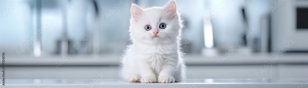 Playful white kitten explores tabletop, a captivating portrait of feline curiosity and innocence Playful white kitten explores tabletop, a captivating portrait of feline curiosity and innocence