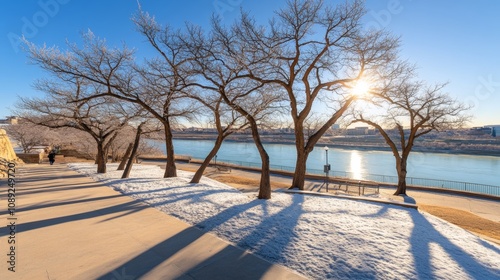 Snowy riverbank with frosted trees gentle morning light photo