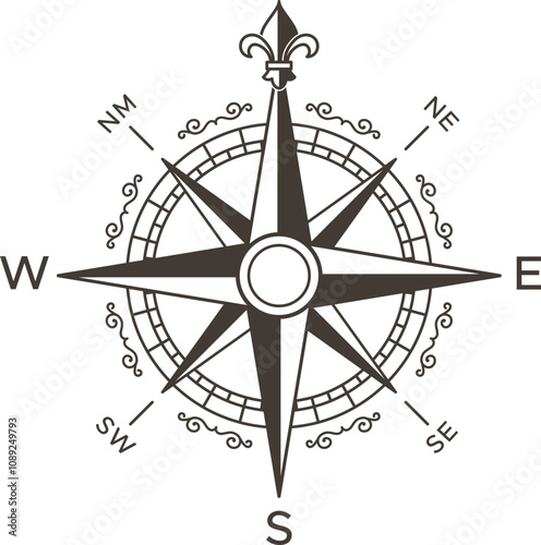 Compass rose with fleur de lis symbol pointing north, showing the four cardinal directions and intercardinal directions over white background, ideal for travel and navigation concepts