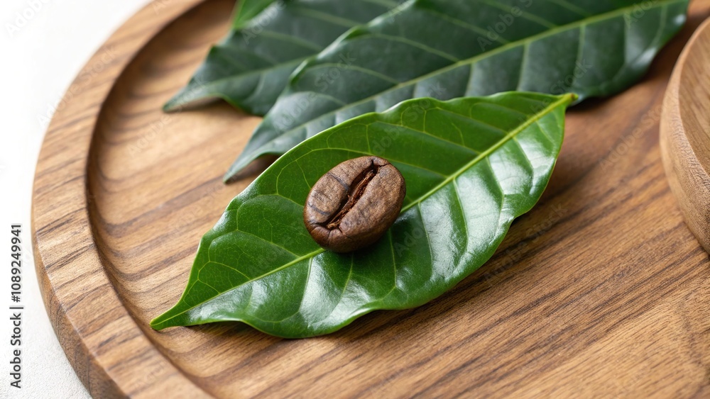 A single coffee bean is nestled in a bed of green leaves and placed on a wooden platter creating a visually appealing arrangement, minimalist design, A single coffee bean is nestled in a bed of green leaves and placed on a wooden platter creating a visually appealing arrangement, minimalist design,