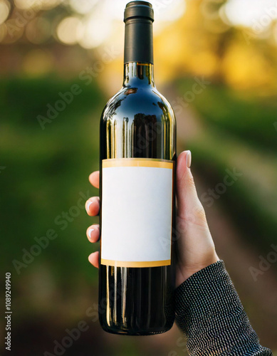 A bottle of red wine in a woman's hand, against the backdrop of a vineyard with a ripe juicy harvest. Free space for text. High quality photo. Black Wine Mock-Up Bottle photo