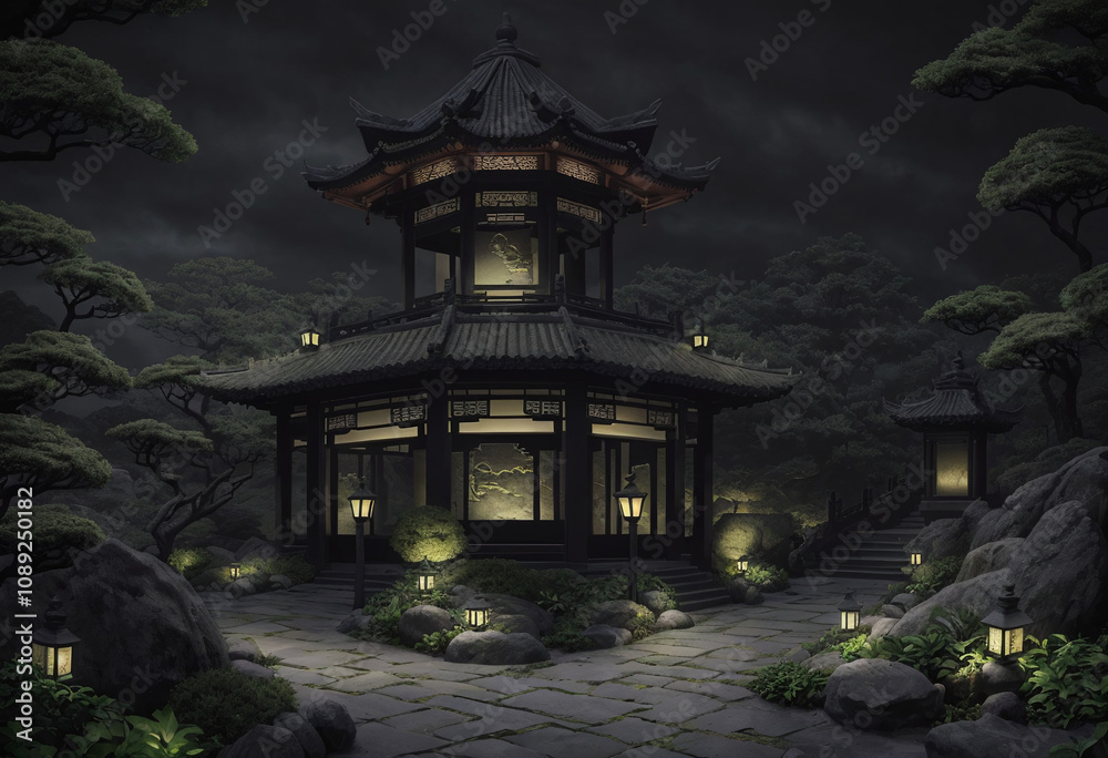 Obraz premium Ancient Grotto in a Chinese Garden at Night