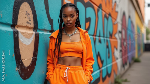 Confident young African American woman in vibrant orange athleisure outfit posing against colorful urban graffiti wall, wearing long braids and statement necklace