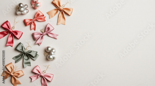 Elegant satin bows in pastel pink, coral, sage and beige with pearl ornaments arranged on light textured background, festive holiday decoration flat lay