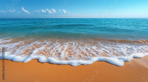 Turquoise waves gently meeting golden sand, forming soft foam patterns at the shoreline. Minimalist composition emphasizing the serene beauty of nature, captured under bright sunlight