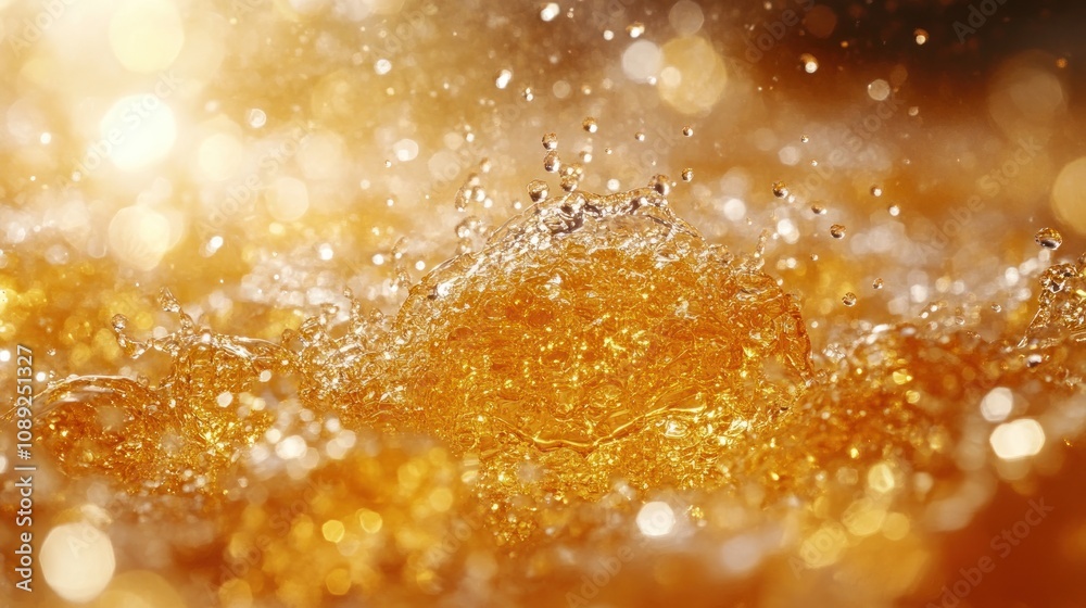 Golden liquid splashing with bokeh effect.