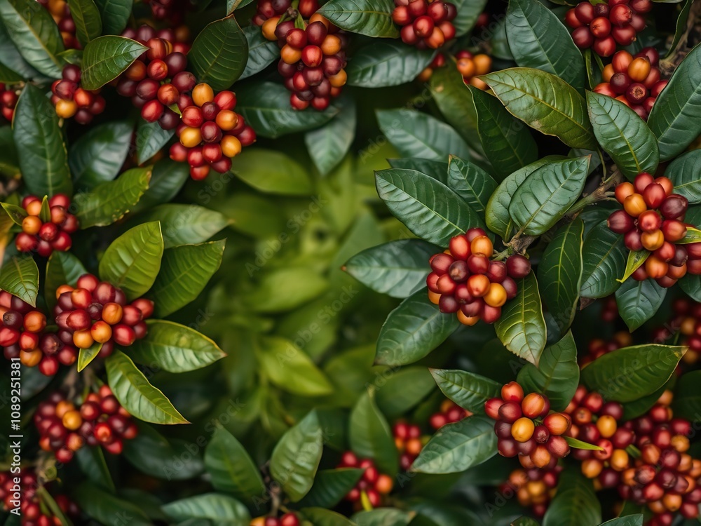 Aerial view of coffee plants with clusters of ripe coffee cherries, highland coffee plantation, misty mountains, lush green foliage Aerial view of coffee plants with clusters of ripe coffee cherries, highland coffee plantation, misty mountains, lush green foliage