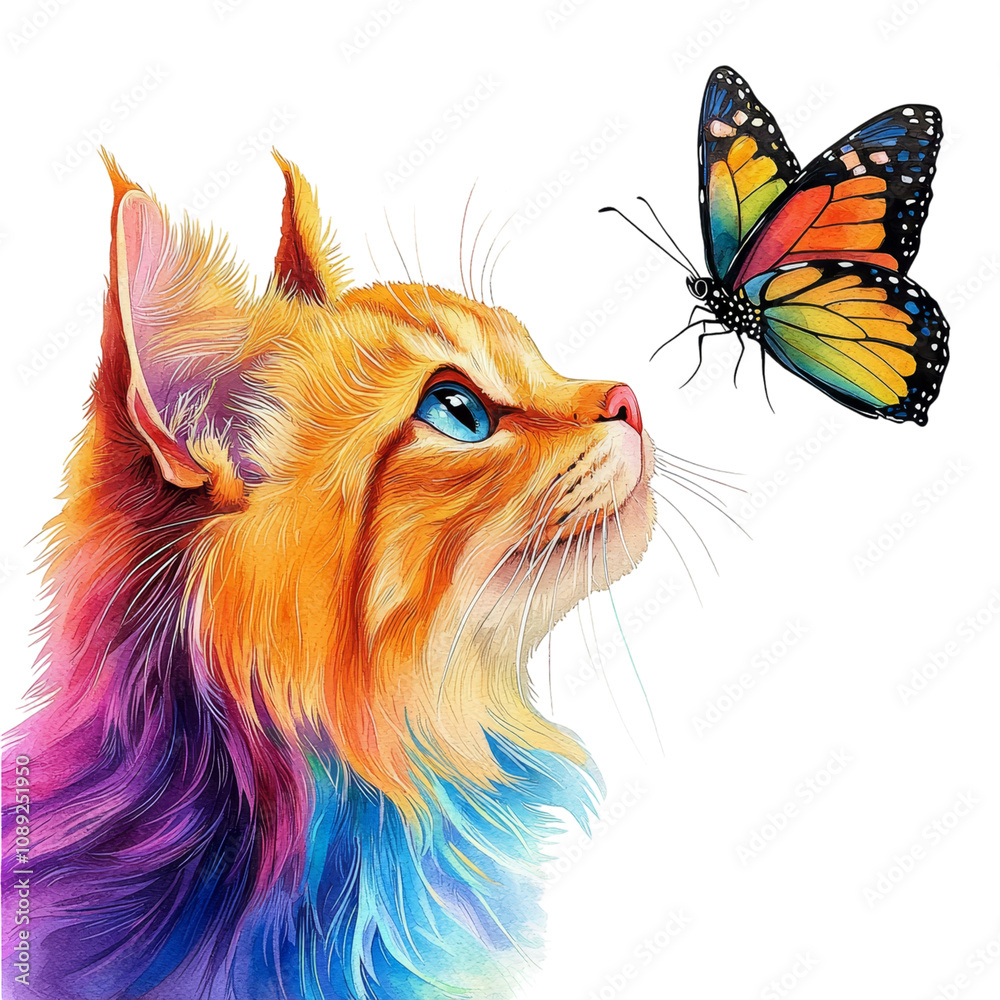 A vibrant orange cat gazes curiously at a colorful butterfly, showcasing a moment of wonder and beauty in nature.