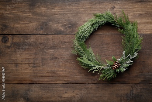 A beautiful green wreath adorned with pinecones, perfect for holiday decorations and seasonal ambiance. photo