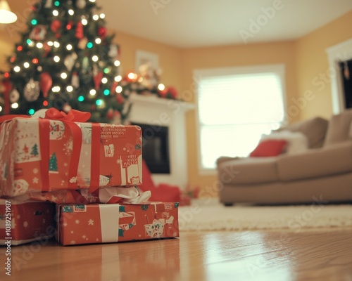 Vintage-style Christmas wrapping paper and ribbon