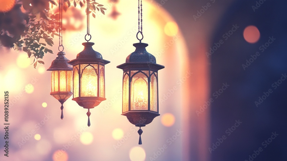 one hanging Islamic lanterns on a blurry light background. it will be on the left side of the artboard, generative ai one hanging Islamic lanterns on a blurry light background. it will be on the left side of the artboard, generative ai