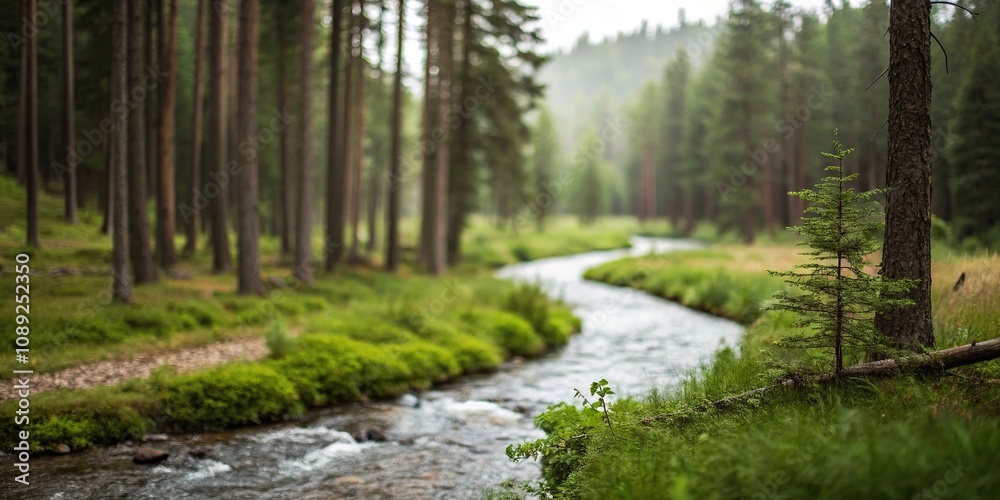 Blurred forest with a winding stream running through it, trees, tranquility Blurred forest with a winding stream running through it, trees, tranquility