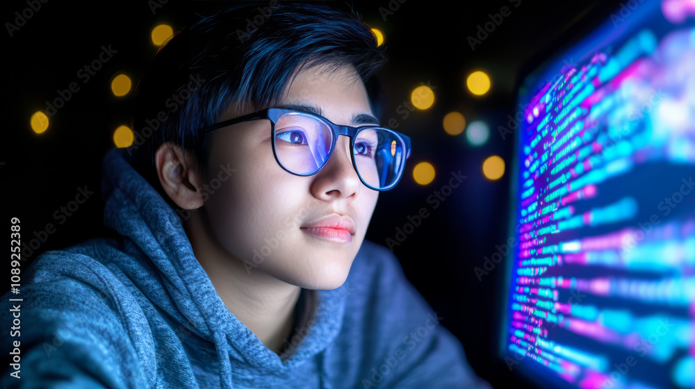 Young coder focused on screen, illuminated by colorful code at night Young coder focused on screen, illuminated by colorful code at night