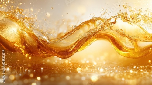 Golden liquid wave splashing, abstract background.