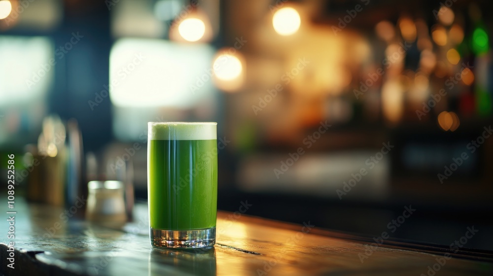 Chilled green beer in a clear glass on a rustic wooden bar counter illuminated by soft, warm lighting, creating a cozy and inviting atmosphere.