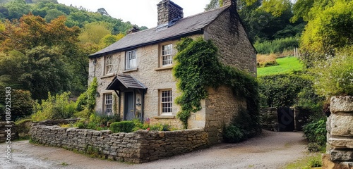 A charming stone cottage tucked away in a quiet valley, with ivy growing on the walls and a small garden out front.