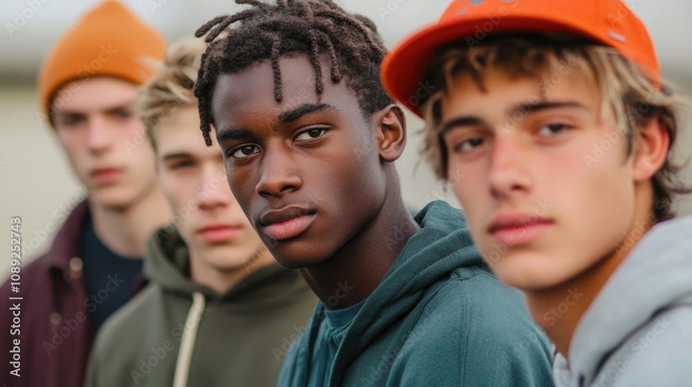 Group of young men in casual attire standing closely together, showcasing diverse styles and expressions, with hats and hoodies against a blurred background. Group of young men in casual attire standing closely together, showcasing diverse styles and expressions, with hats and hoodies against a blurred background.
