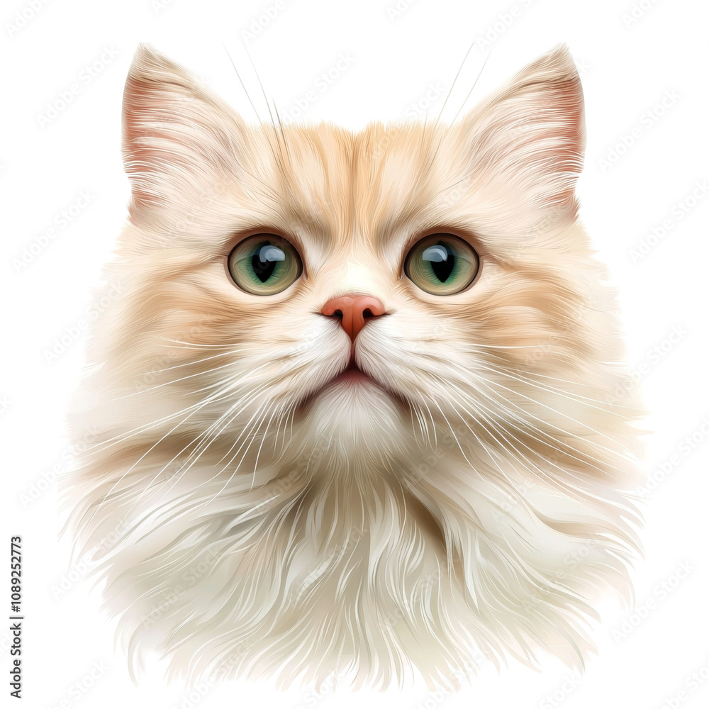 A fluffy feline with striking green eyes and a soft, cream-colored coat gazes intently, showcasing its regal expression.