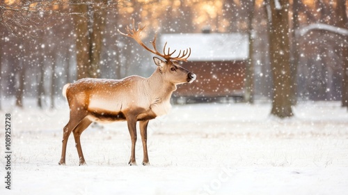 Winter scene with reindeer near a snowy cabin glowing lights from within photo