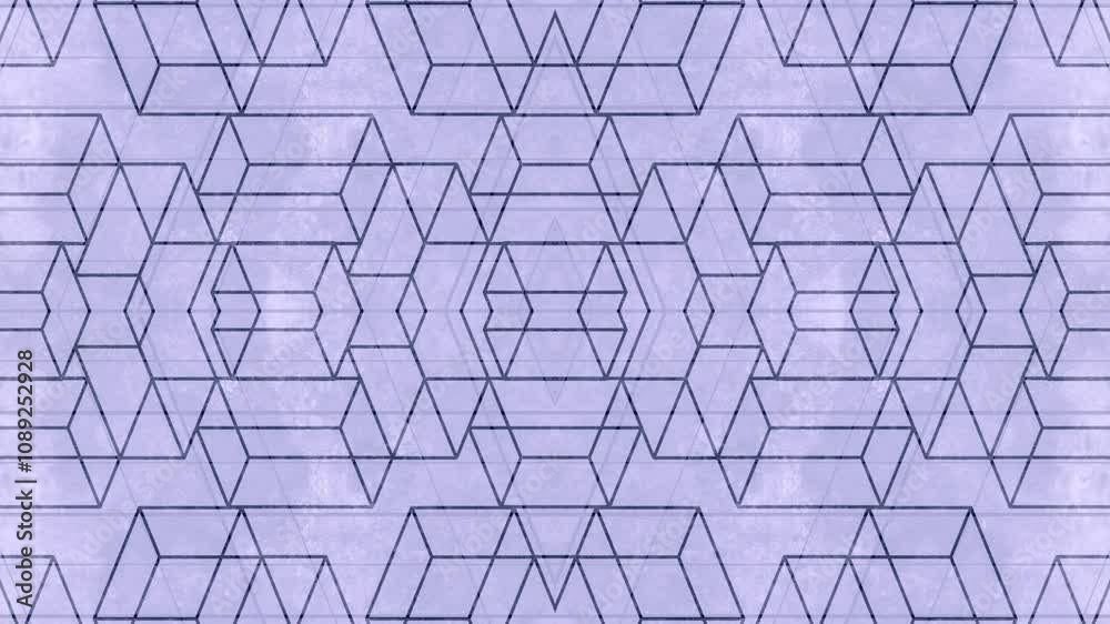 Dynamic seamless loop animation with transforming dark rectangular objects that rotate to form a complex symmetrical pattern on a light purple background. Flat design. 3d rendering 4K