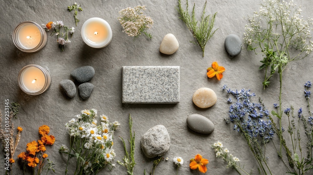 Aromatherapy spa flat lay with massage stones, scented flowers, and candles on a stone table, creating a serene and relaxing atmosphere. Aromatherapy spa flat lay with massage stones, scented flowers, and candles on a stone table, creating a serene and relaxing atmosphere.