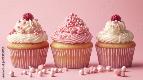 Four delightful cupcakes topped with pink berry cream, decorated with beads and white chocolate, showcased against a soft pink backdrop.