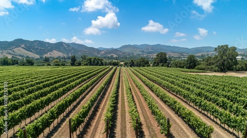 Expansive aerial view of neatly arranged vineyard rows stretching across a lush landscape with distant mountains under a clear blue sky.