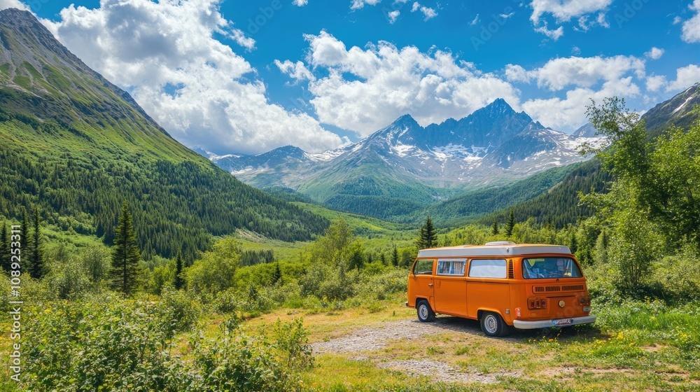 Camper van parked in a lush green valley with towering mountains and a clear blue sky, enjoying a serene summer day in nature's tranquility. Camper van parked in a lush green valley with towering mountains and a clear blue sky, enjoying a serene summer day in nature's tranquility.