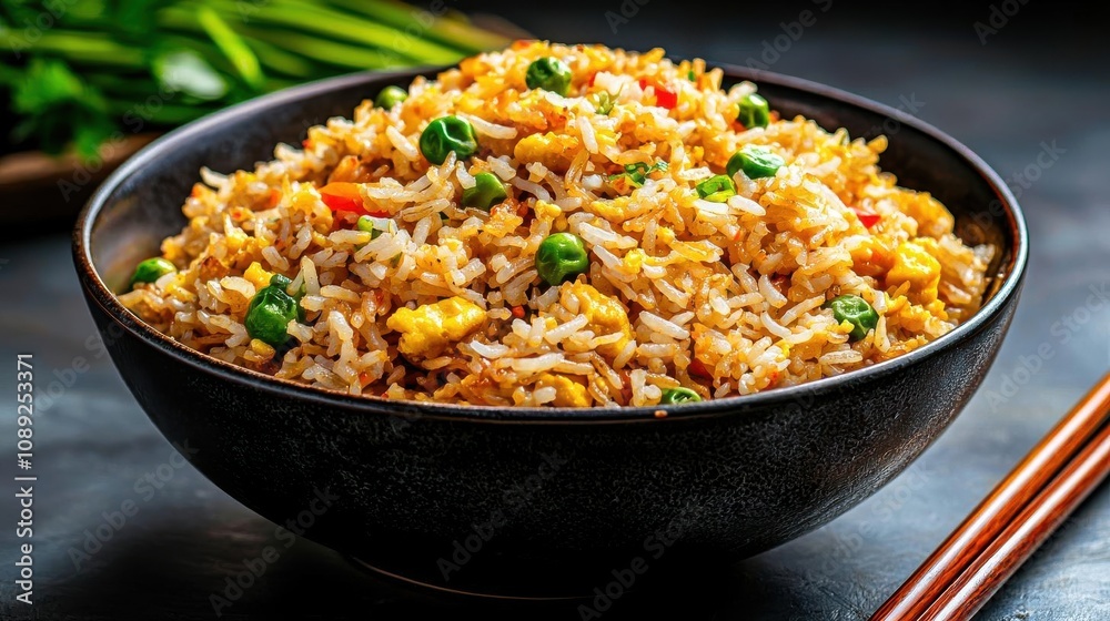 Bowl of fried rice with colorful veggies, warm lighting, cozy Chinese meal, homestyle and welcoming look Bowl of fried rice with colorful veggies, warm lighting, cozy Chinese meal, homestyle and welcoming look