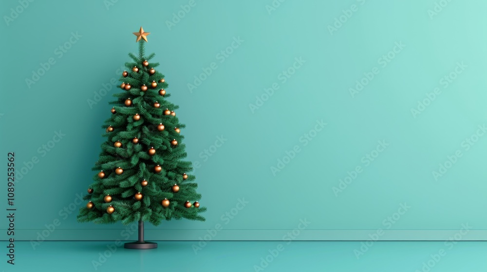 A decorated Christmas tree stands against a teal wall. A decorated Christmas tree stands against a teal wall.