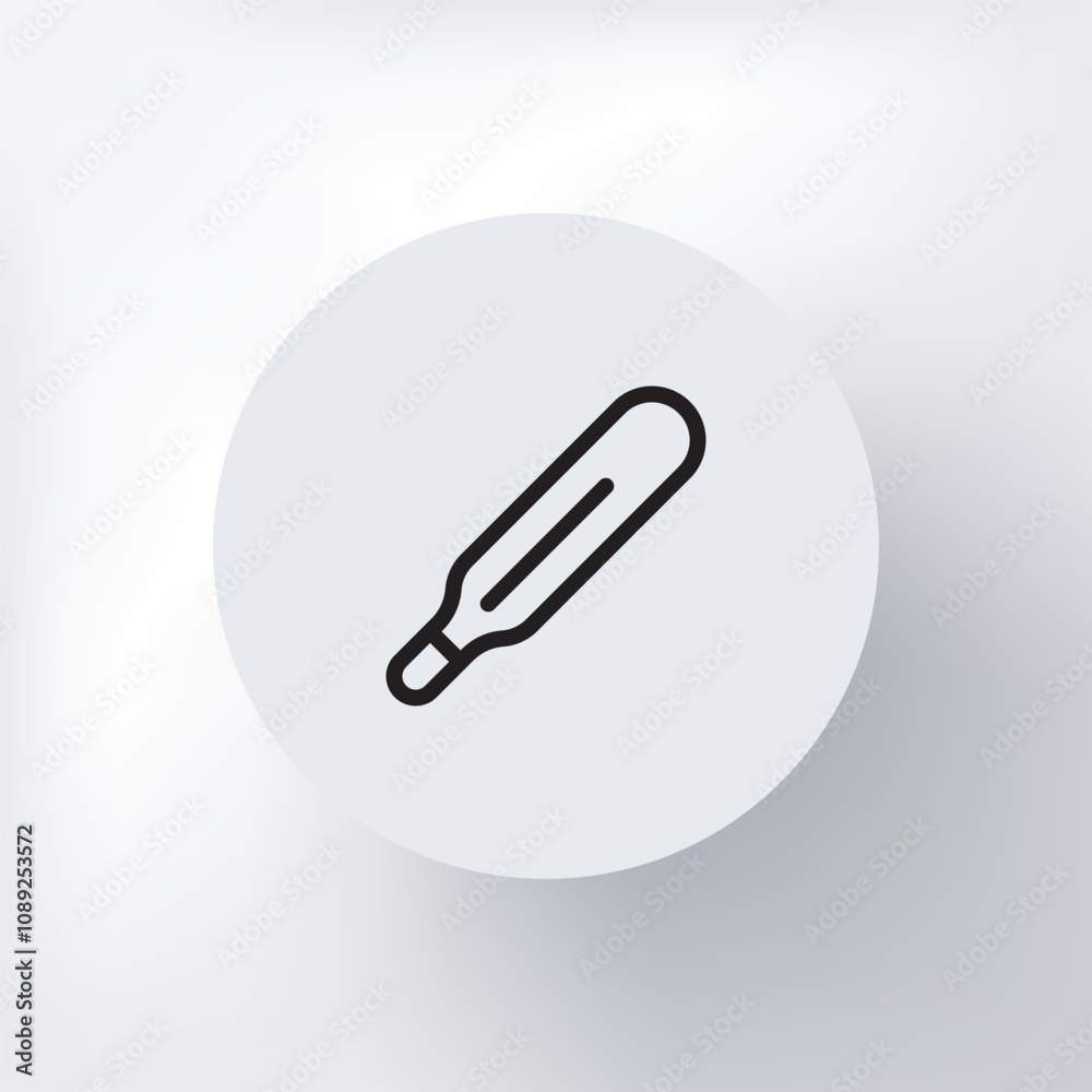 Minimalist thermometer icon with a temperature reading in a circle on a light gray background. Minimalist thermometer icon with a temperature reading in a circle on a light gray background.